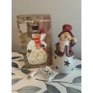 Ceramic Snowman Night Light With Star Cutouts & Red Hat  Christmas Collection Bo